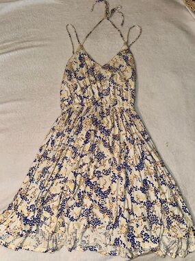 Rachel Pally Cream Floral Midi Sundress with Blue and Tan Print